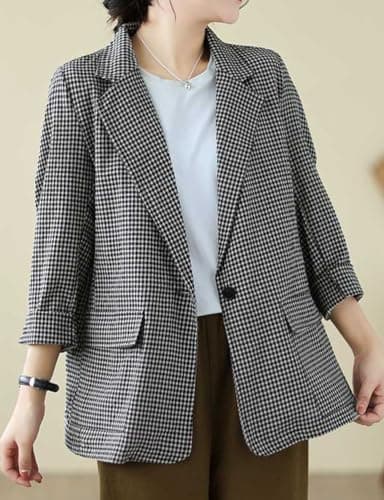 Cotton Linen Plaid Blazer for Women Oversized Lightweight Jacket