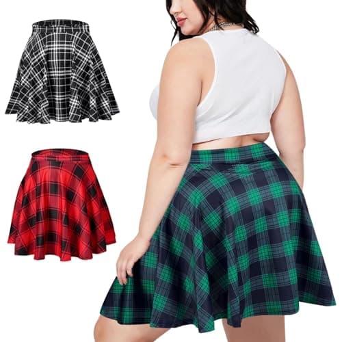 Moon Wood Plus Size High Waisted Mini Plaid Pleated Skirt