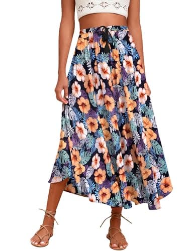 Zeagoo Women's High-Waisted Elastic Midi Skirt with Brown Leaf Print XXL — Orange Floral Print