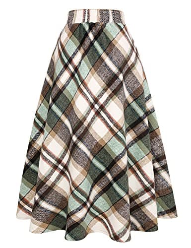 Ylingjun Long Plaid Wool Skirt for Women Winter Warm Elastic Waist