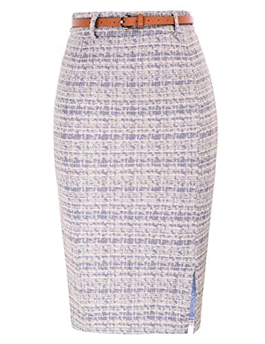 Women's Tweed Pencil Skirt with Slit and Belt