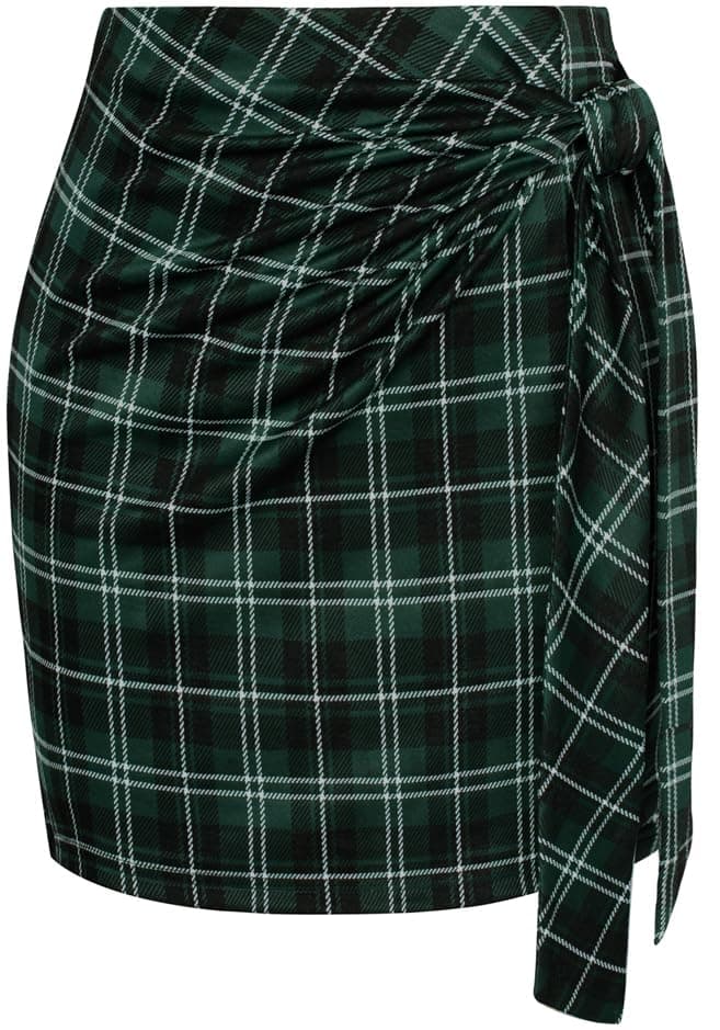 Kate Kasin High Waist Elastic Plaid Mini Skirt with Bow Tie Stretch — Green Plaid