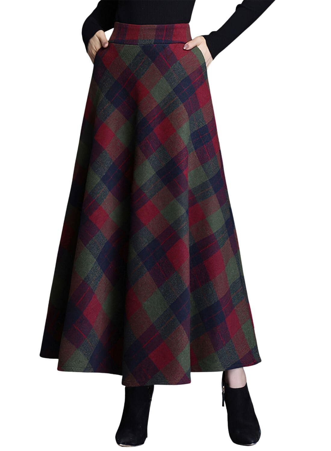 Leyoutx Women's Winter Warm Wool Plaid Maxi Skirts with Pockets
