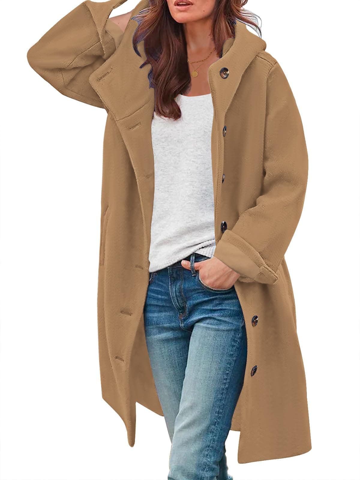SAUKOLE Women's Wool Blend Pea Coat - Fashion Winter Overcoat with Hood