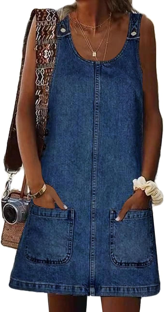 HUEOBIR Denim Overall Dress for Women Round Neck Skirtall Jean