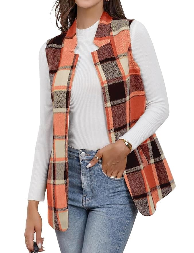 Plaid Wool Vest for Women: Casual Fall/Winter Sleeveless Blazer — Orange