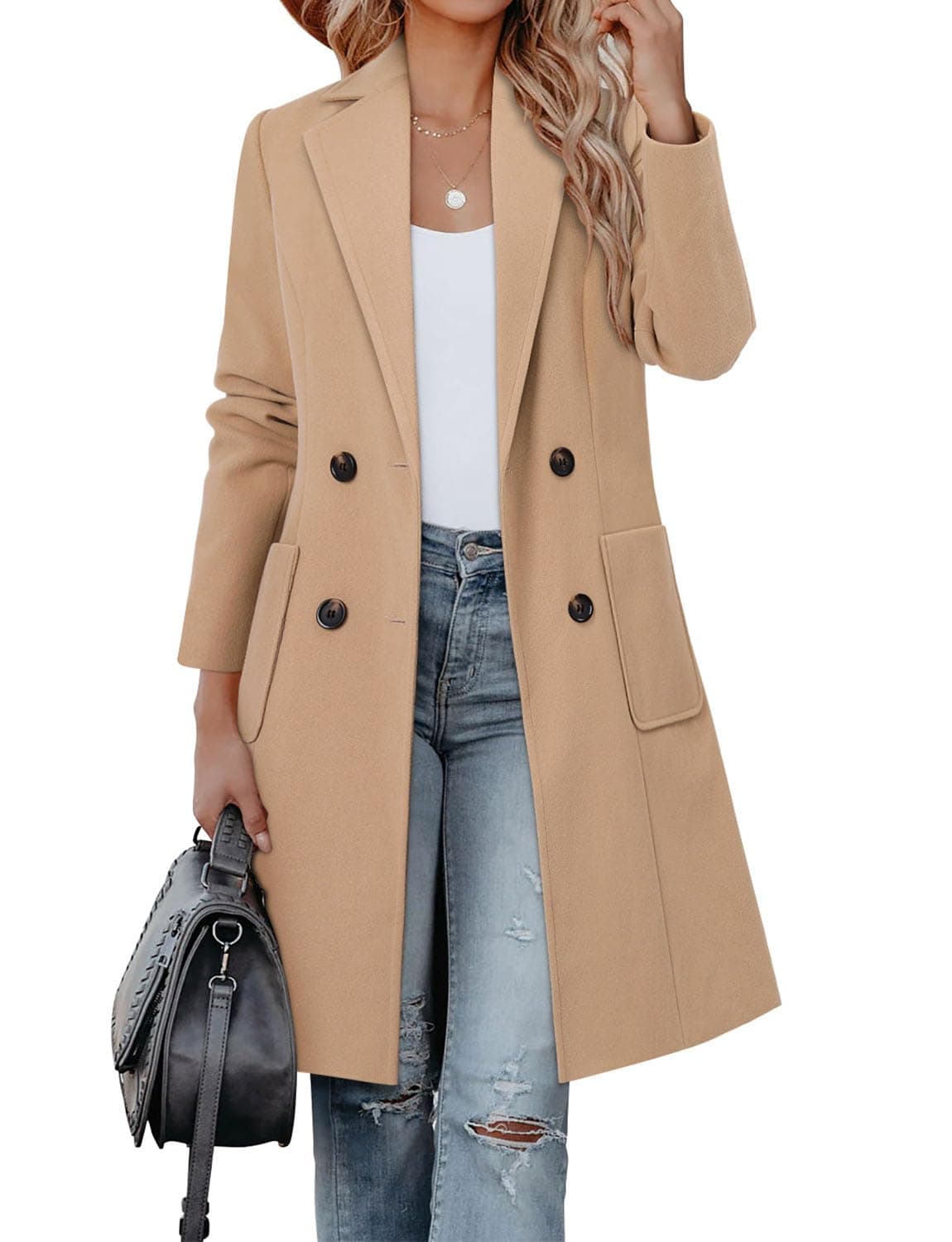 CHICZONE Women's Mid-Length Notch Lapel Double Breasted Wool Coat Winter Overwear
