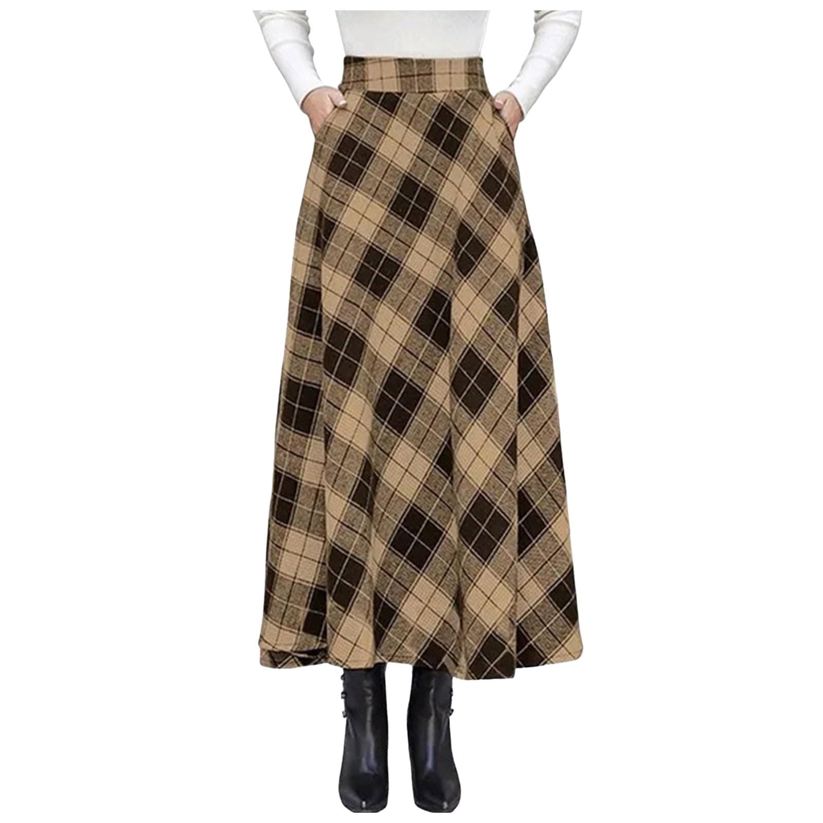Elastic Waist A-Line Pleated Plaid Flared Skirt for Women