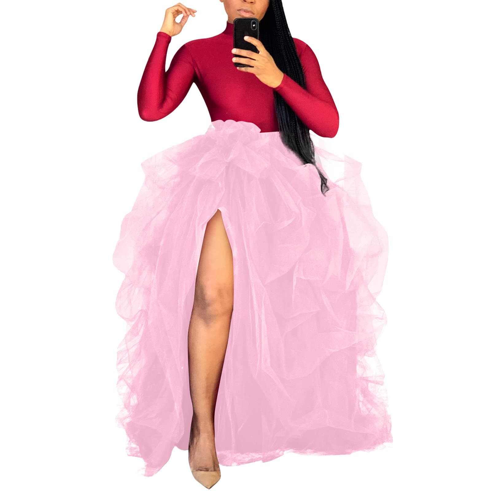 Women's Tulle Maxi Skirt with High Waist and Ruffle - A-Line Floor Length Wedding Skirt