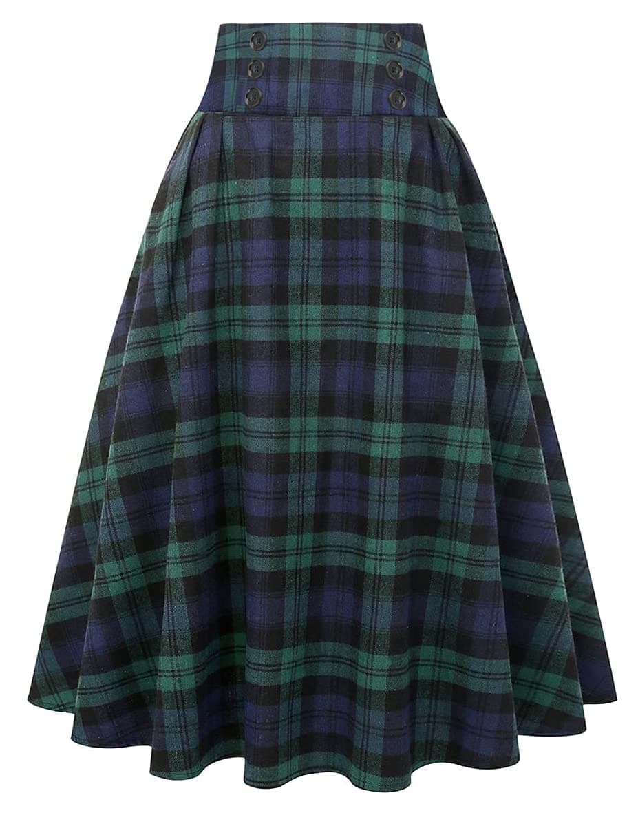 High Waist Plaid Aline Pleated Midi Skirt for Women