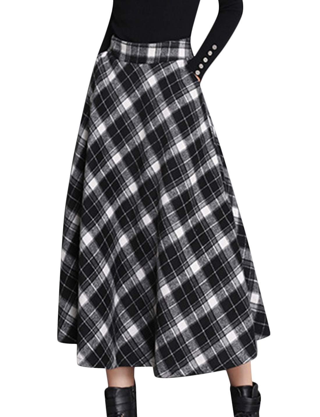 Women's Winter Wool Plaid A-Line Pleated Long Skirt
