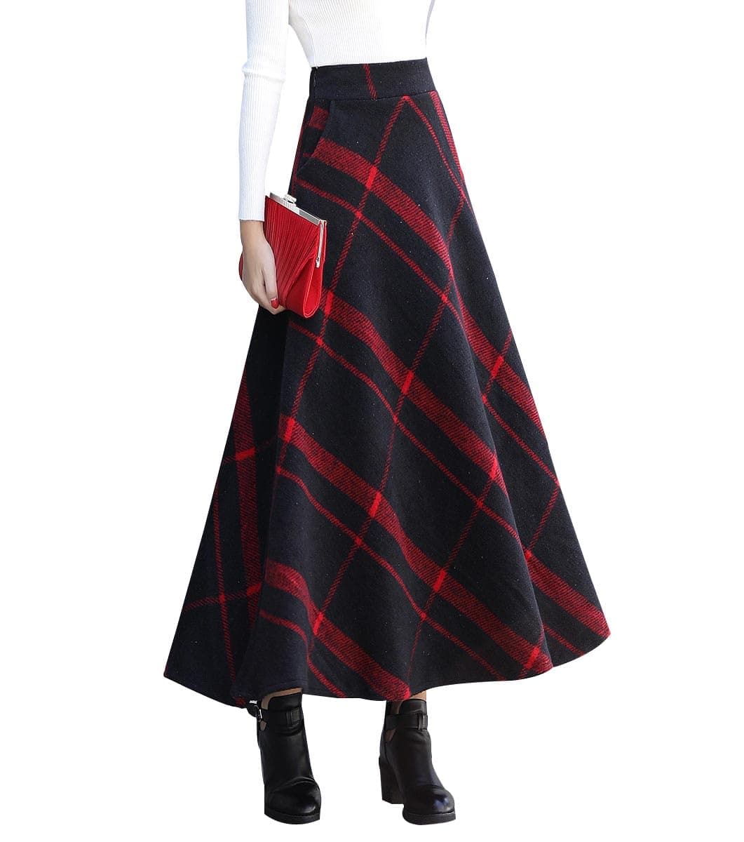 Artykey Women's High Waist Warm Plaid Wool Maxi Skirt S-3XL