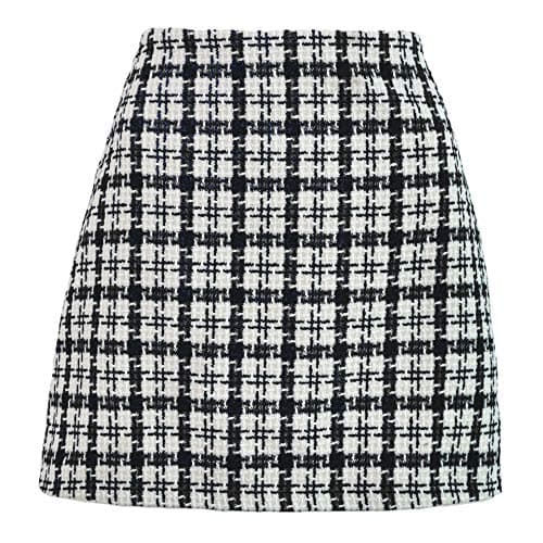 Women's High Waist Plaid Wool Mini Skirt — Tweed Black