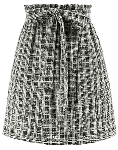 KANCY Women's Casual High Waist Plaid Tweed Mini Skirt with Pockets — Black
