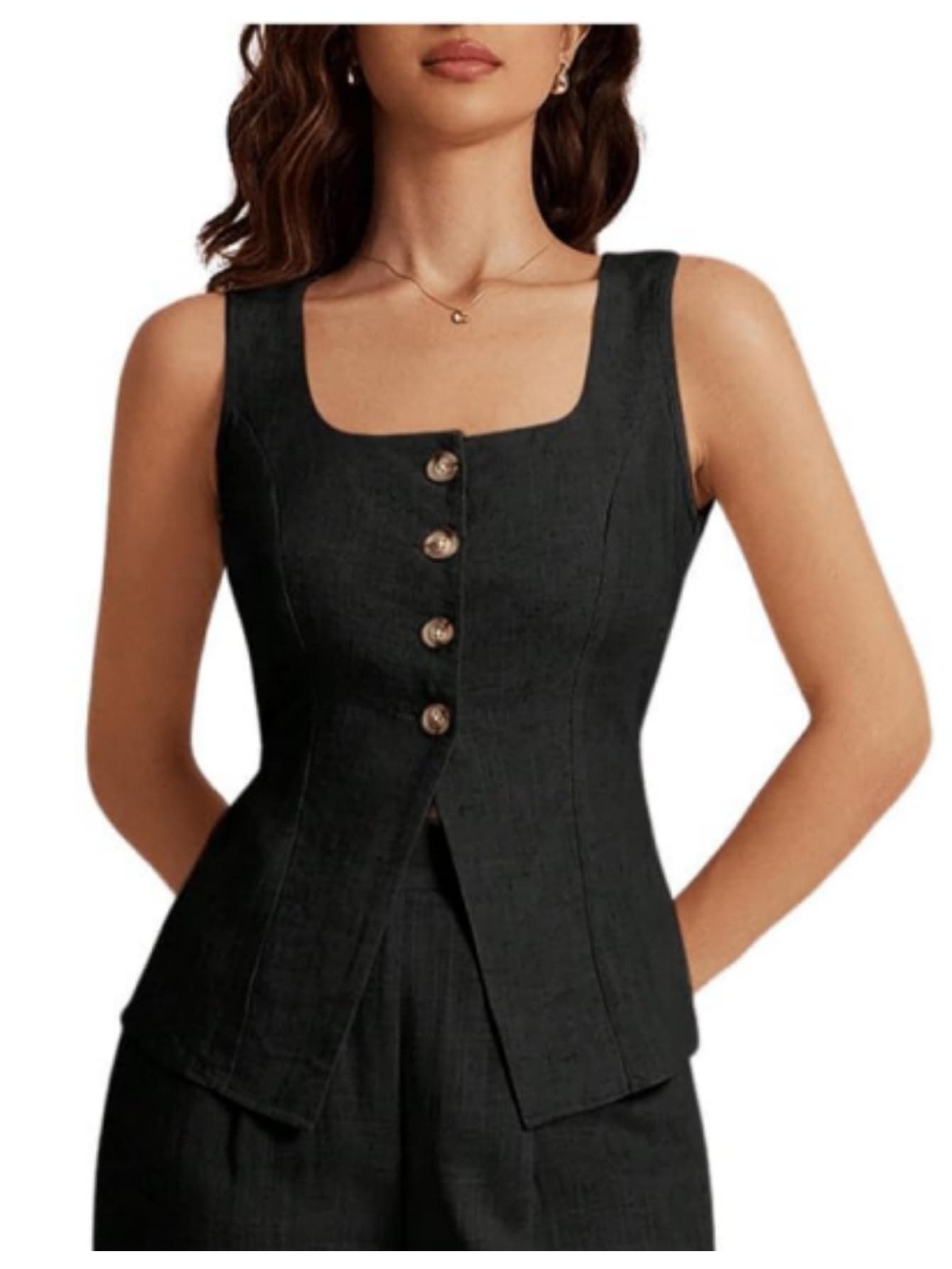 SHENHE Women's Linen Square Neck Summer Sleeveless Top