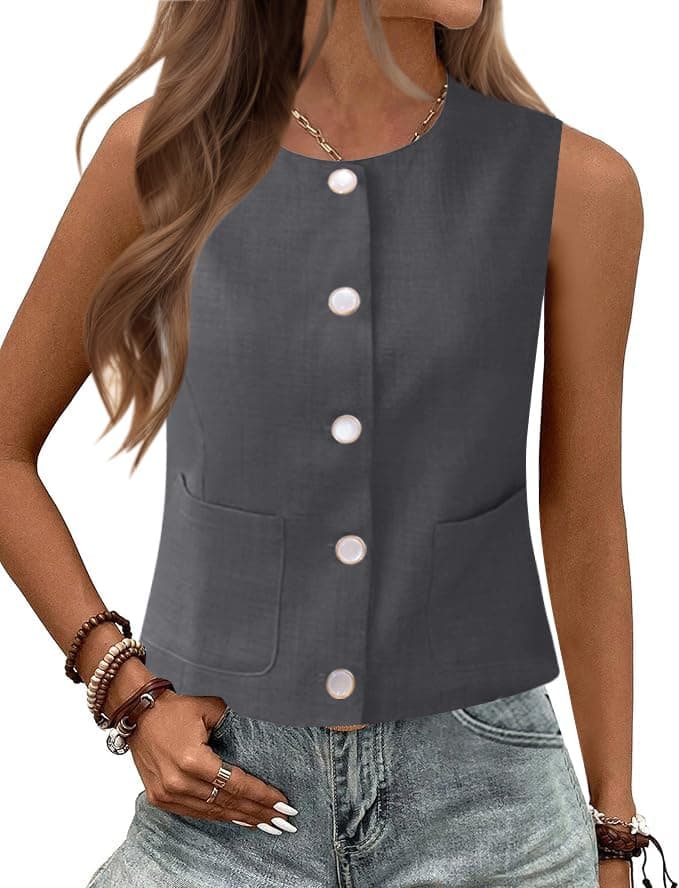 Rapbin Women's Sleeveless Button Down Vest Tops Casual Business Outfits — Deep Grey