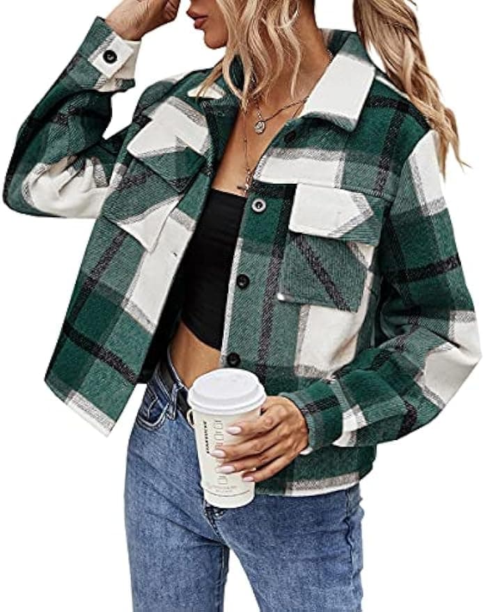 ForeMode Women'sDouble Breasted Wool Pea Coat with Belt Buckle — Plaid