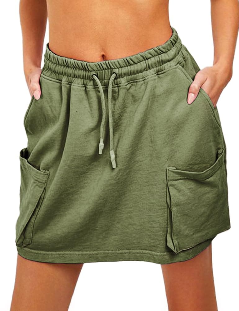 Cotton Skirts for Women Summer Casual Elastic High Waisted Mini Cargo Skirt with Pockets