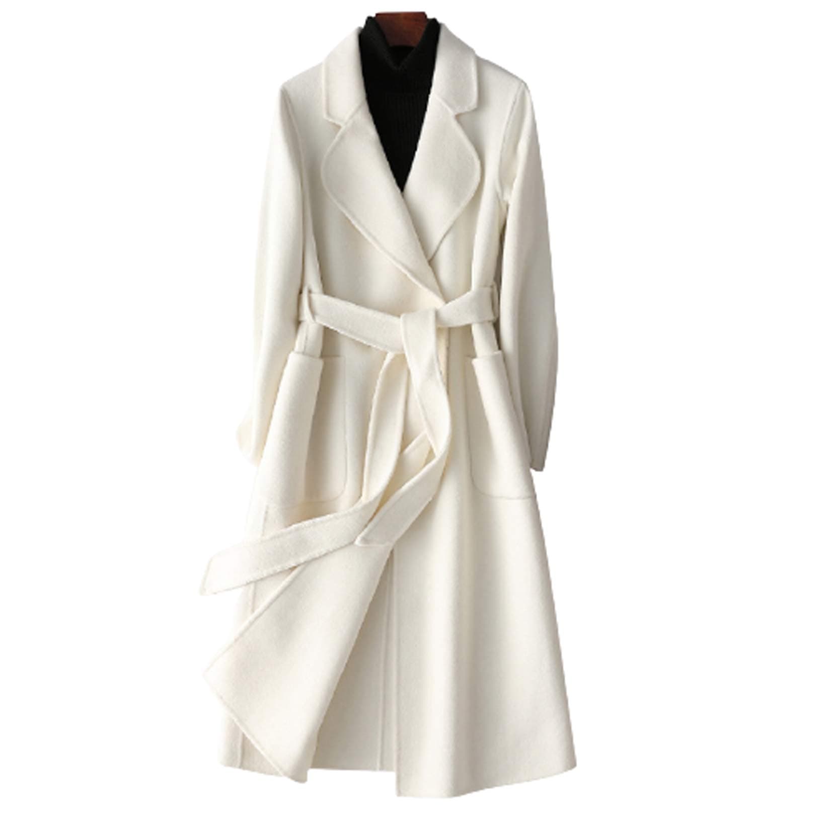 XMZFQ Women's Wool Trench Coat Solid Color V-Neck Slim Warm Overcoat