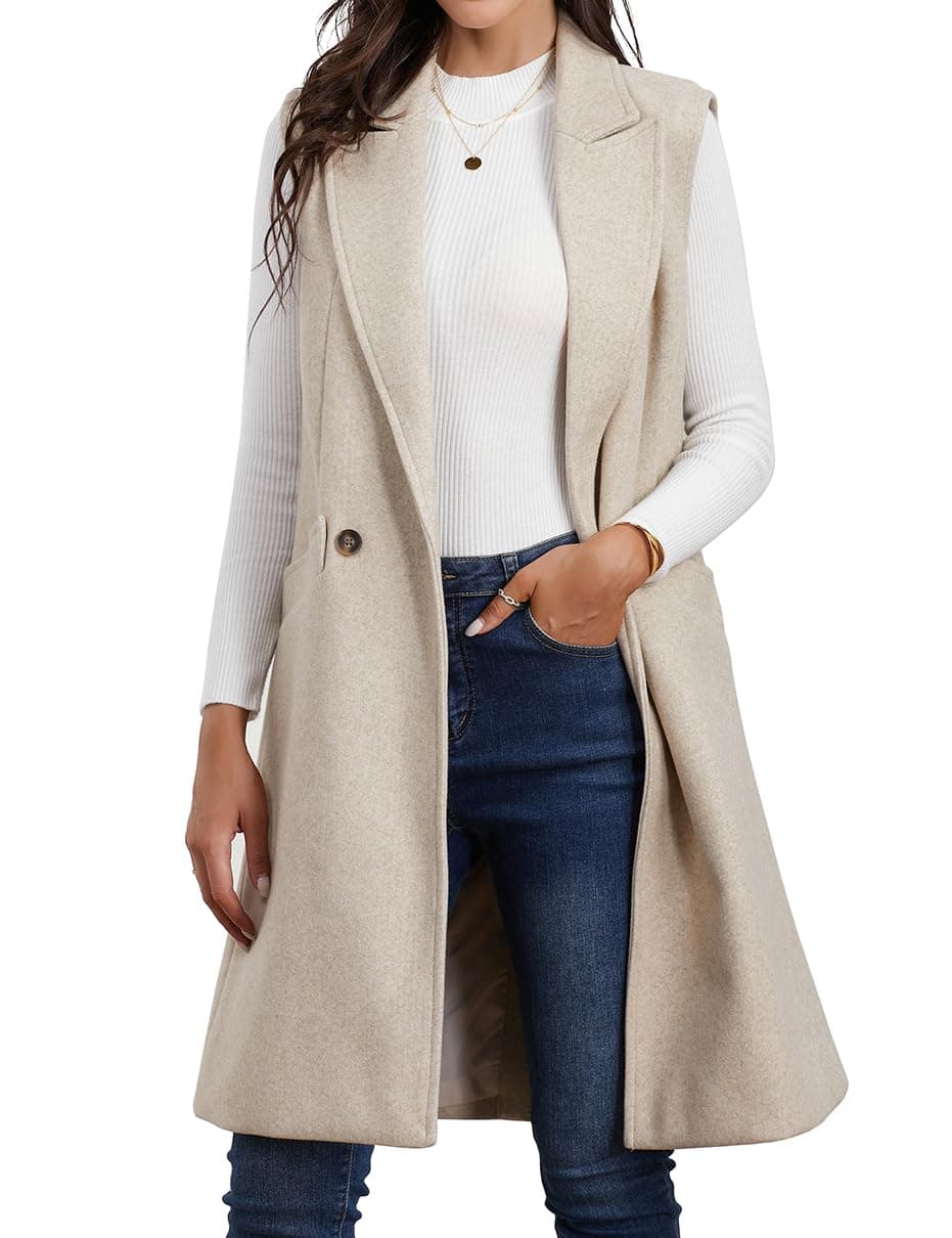 Idealsanxun Women's Fall Winter Wool Trench Coat Blazer Vest