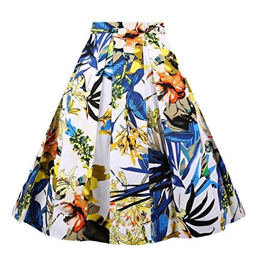 Girstunm Women's Floral Print A-line Midi Skirt with Pockets — Blue-yellow Flowers