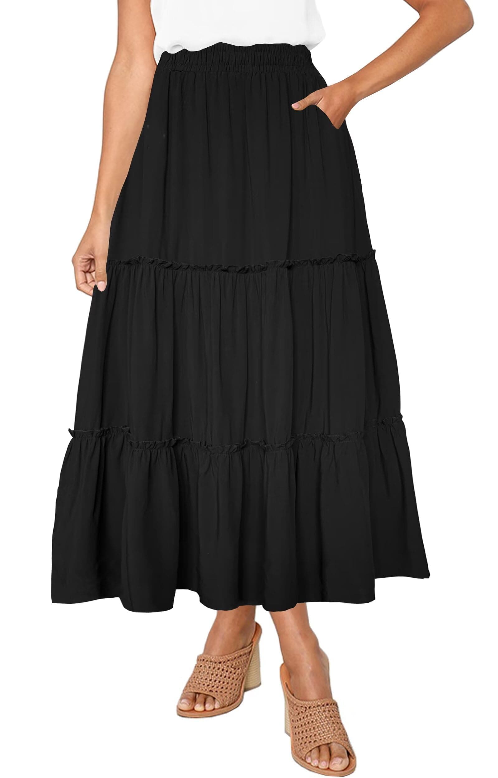 Afibi Women's High Waist A-Line Ruffle Swing Maxi Skirt with Pockets
