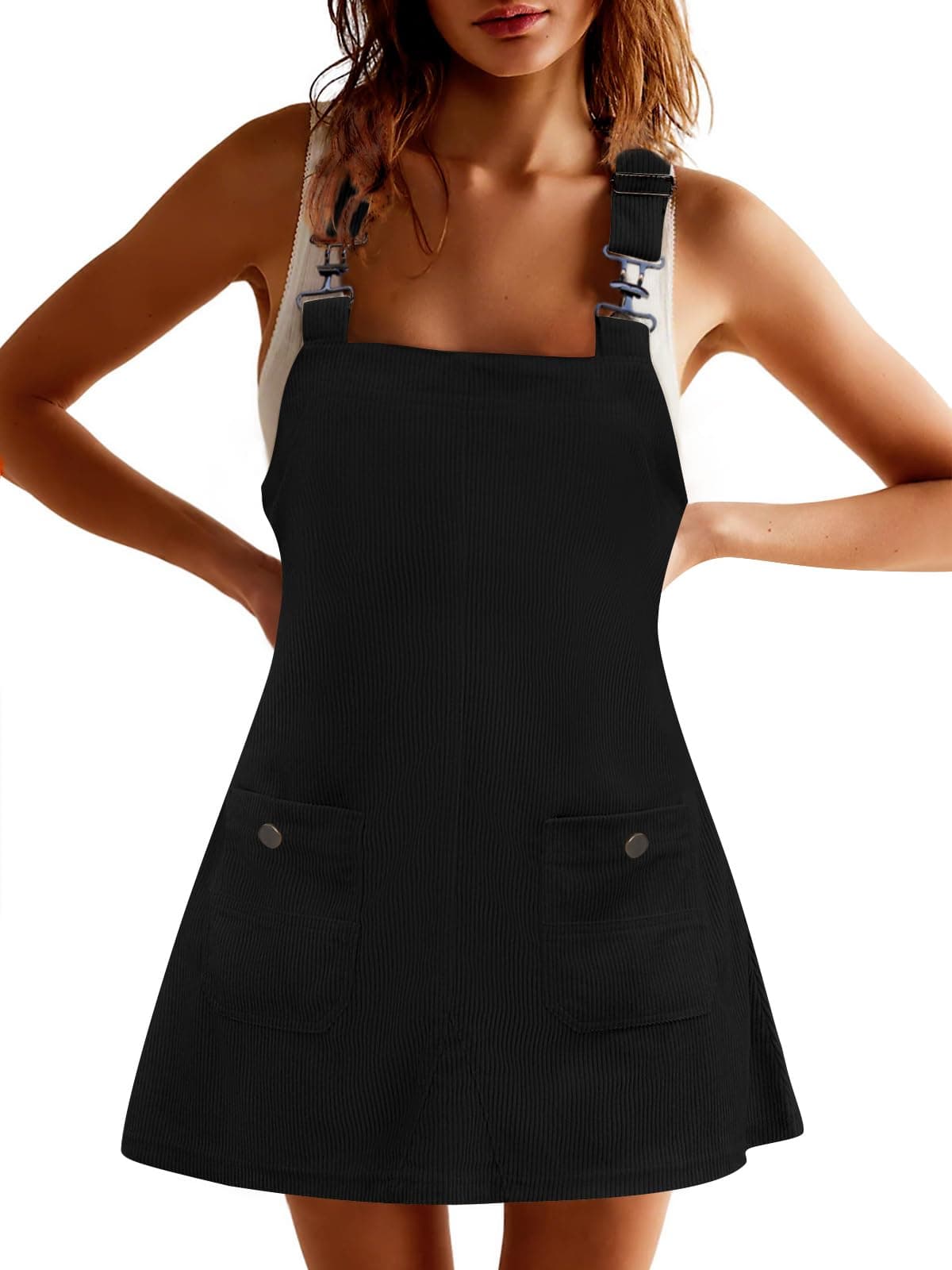 COCCKO Women's Adjustable Strap Corduroy Overall Mini Dress with Pockets Summer Fashion