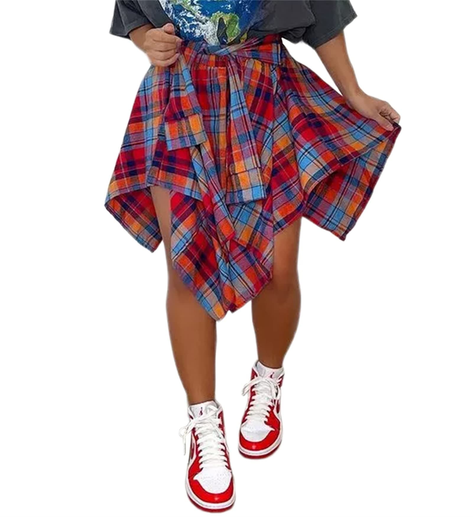Atyfuniby Women's High-Waisted Plaid Mini Skater Skirt with Knot Front Hem
