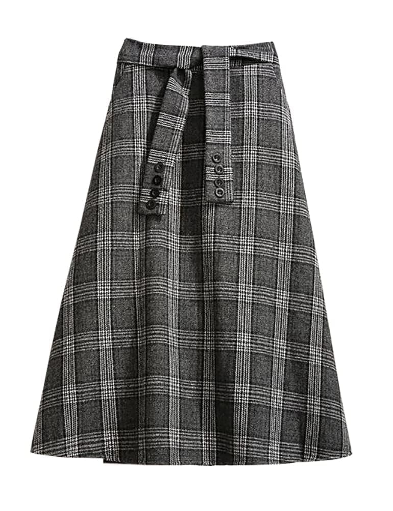 IDEALSANXUN Women's Wool Plaid A-Line Midi Skirt - High Waisted and Belted for Fall/Winter