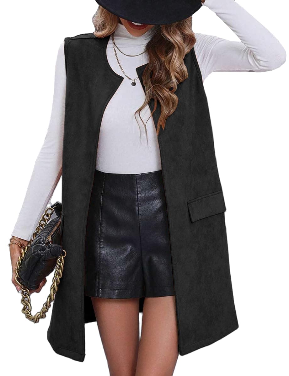 IDEALSANXUN Women's Long Suede Sleeveless Blazer Jacket