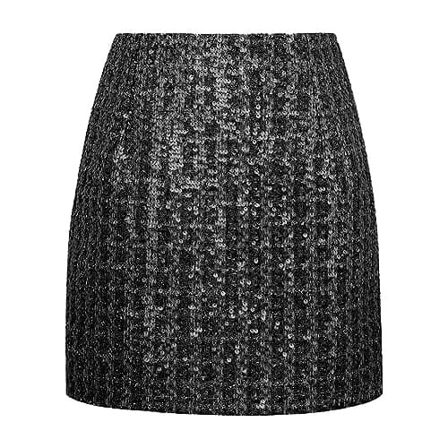 Kinghua Women's Wool Plaid Mini Skirt for Fall/Winter — Tweed Sequin Black
