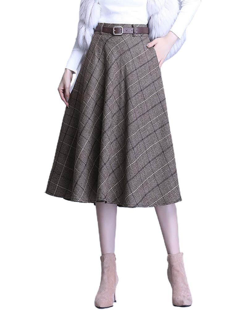 Women's High Waist Plaid A-line Midi Skirt by IDEALSANXUN
