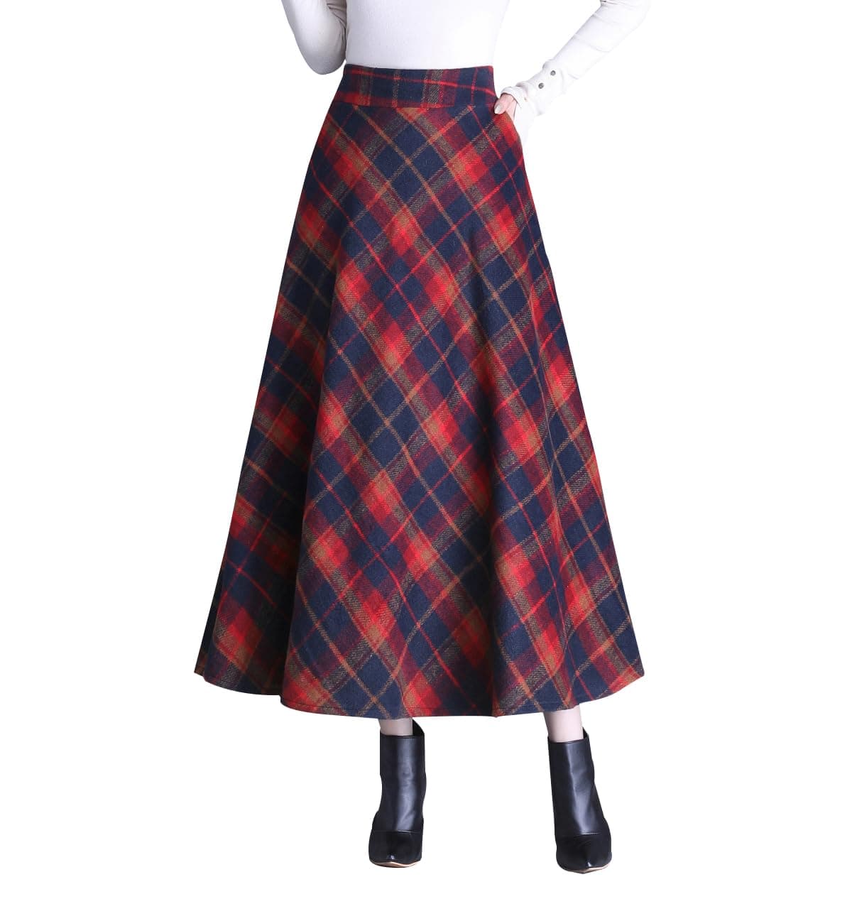 Biilyli Women's Plaid Wool Maxi Skirt with High Waist Elastic Waist