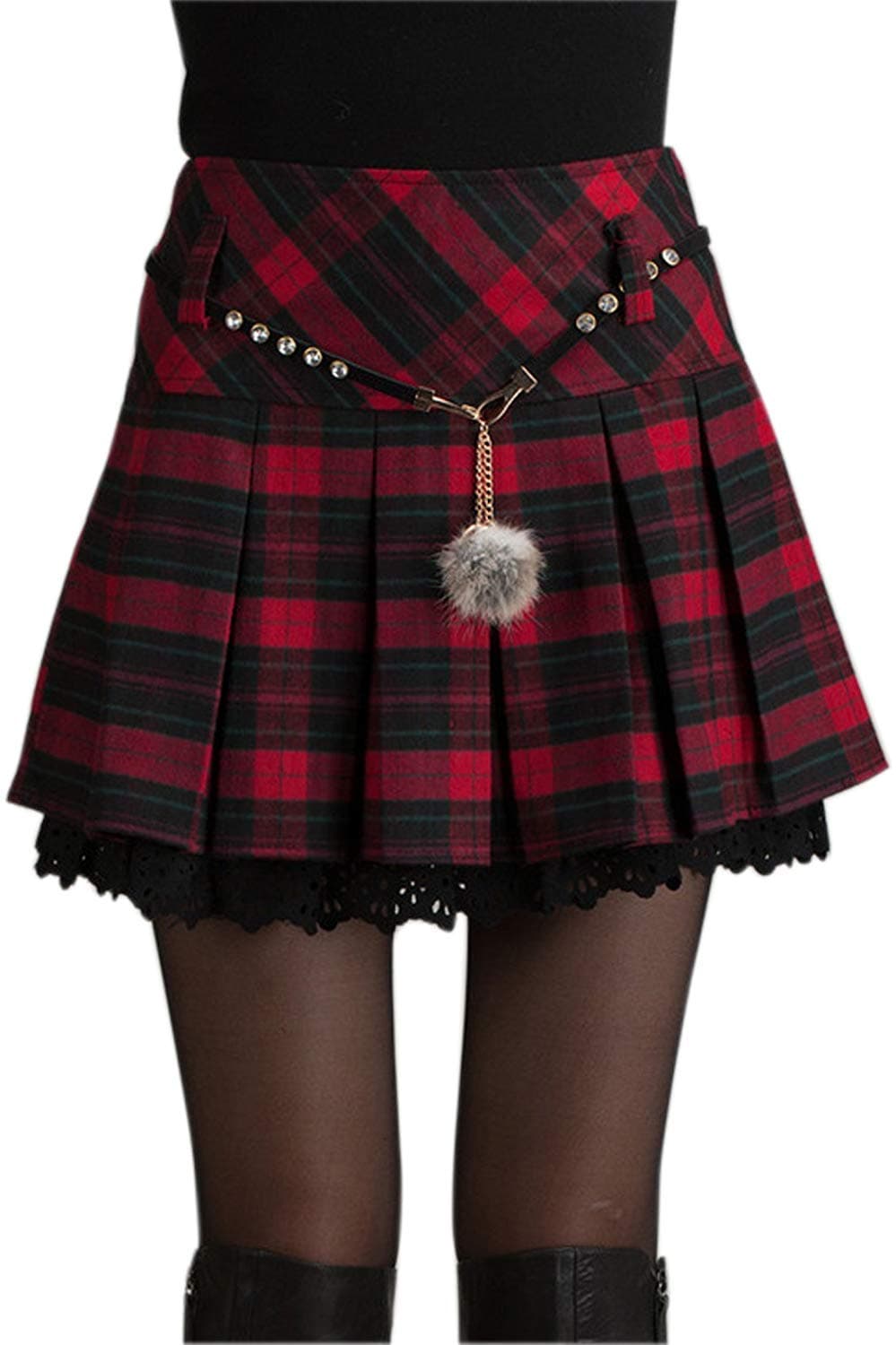 Chouyatou Women's Plaid Wool Blend A-Line Pleated Skirt with Side Zipper