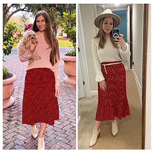 EXLURA Women's High Waist Pleated Polka Dot Maxi Midi Skirt with Pockets