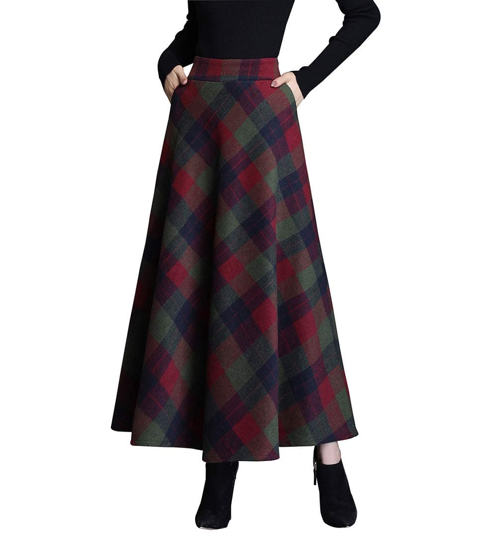 Biilyli Women's Elegant Plaid Wool High-Waisted Maxi Skirt