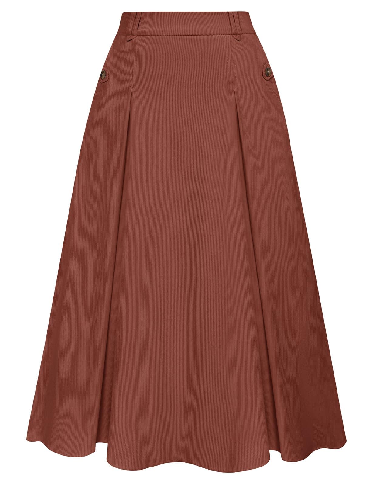 Vintage Corduroy A-line Midi Skirt for Women with Elastic Waist and Pockets