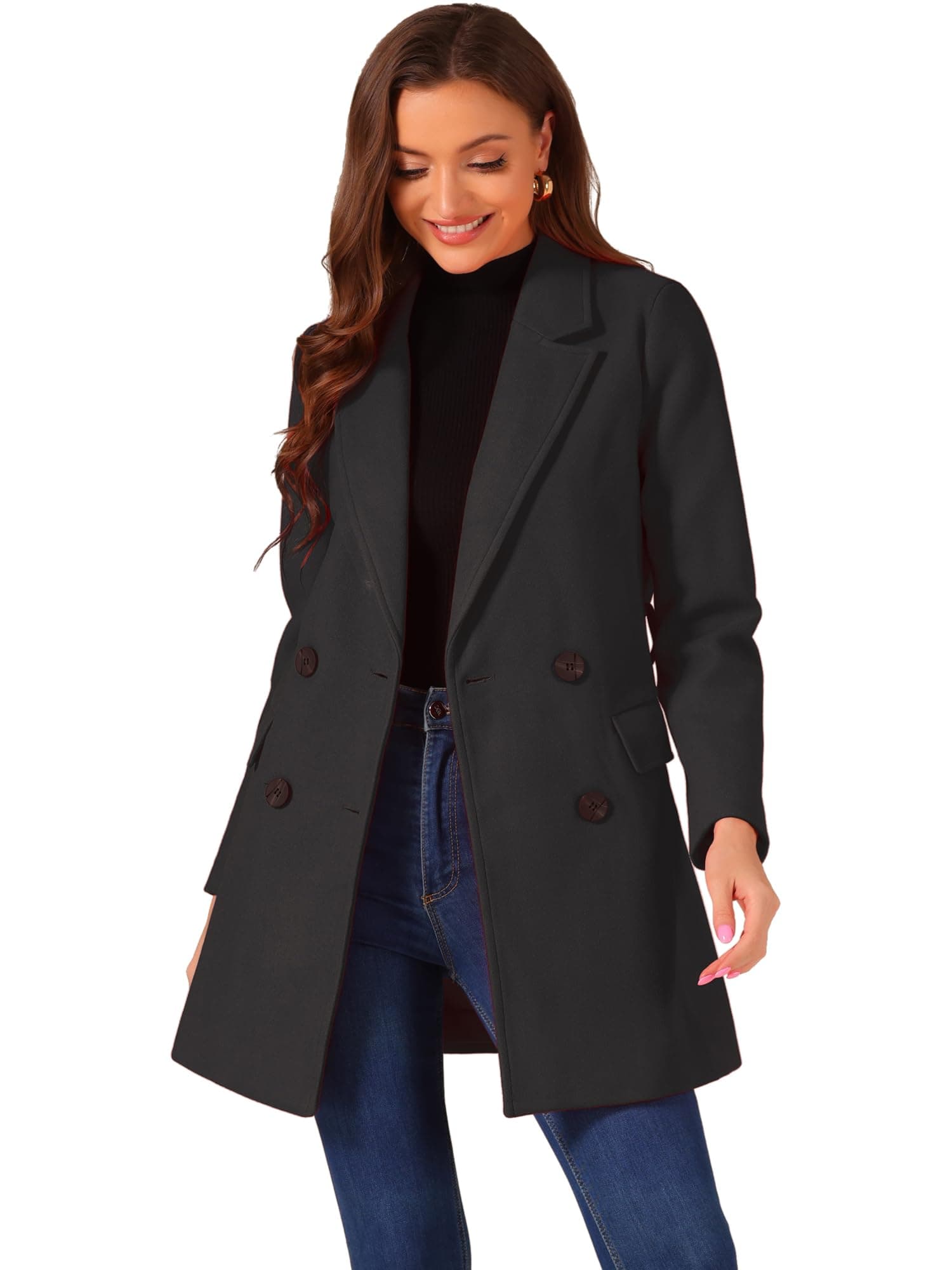 Allegra K Women's Belted Mid-Length Double Breasted Winter Coat