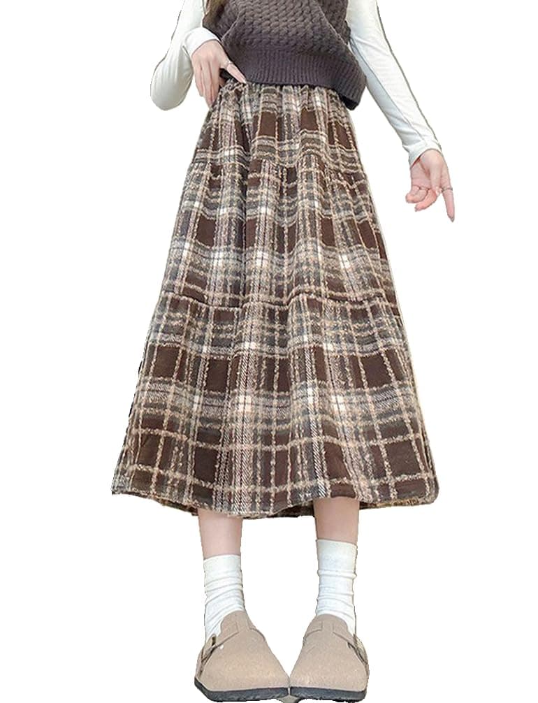 IDEALSANXUN Wool Plaid Midi Skirt for Women Fall Winter