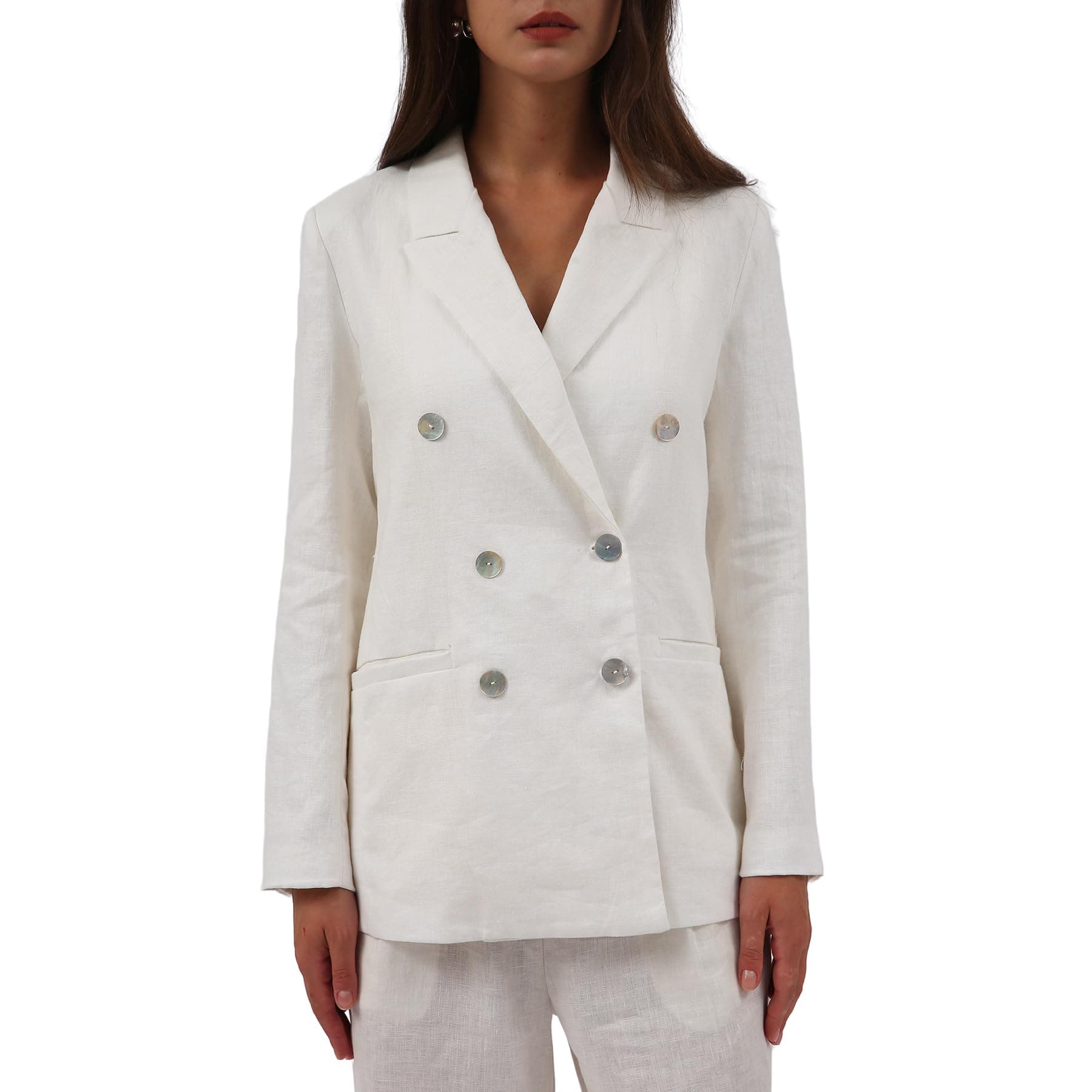 Amazhiyu Women's Pure Linen Double-Breasted Notched Long Sleeve Blazer with Pockets