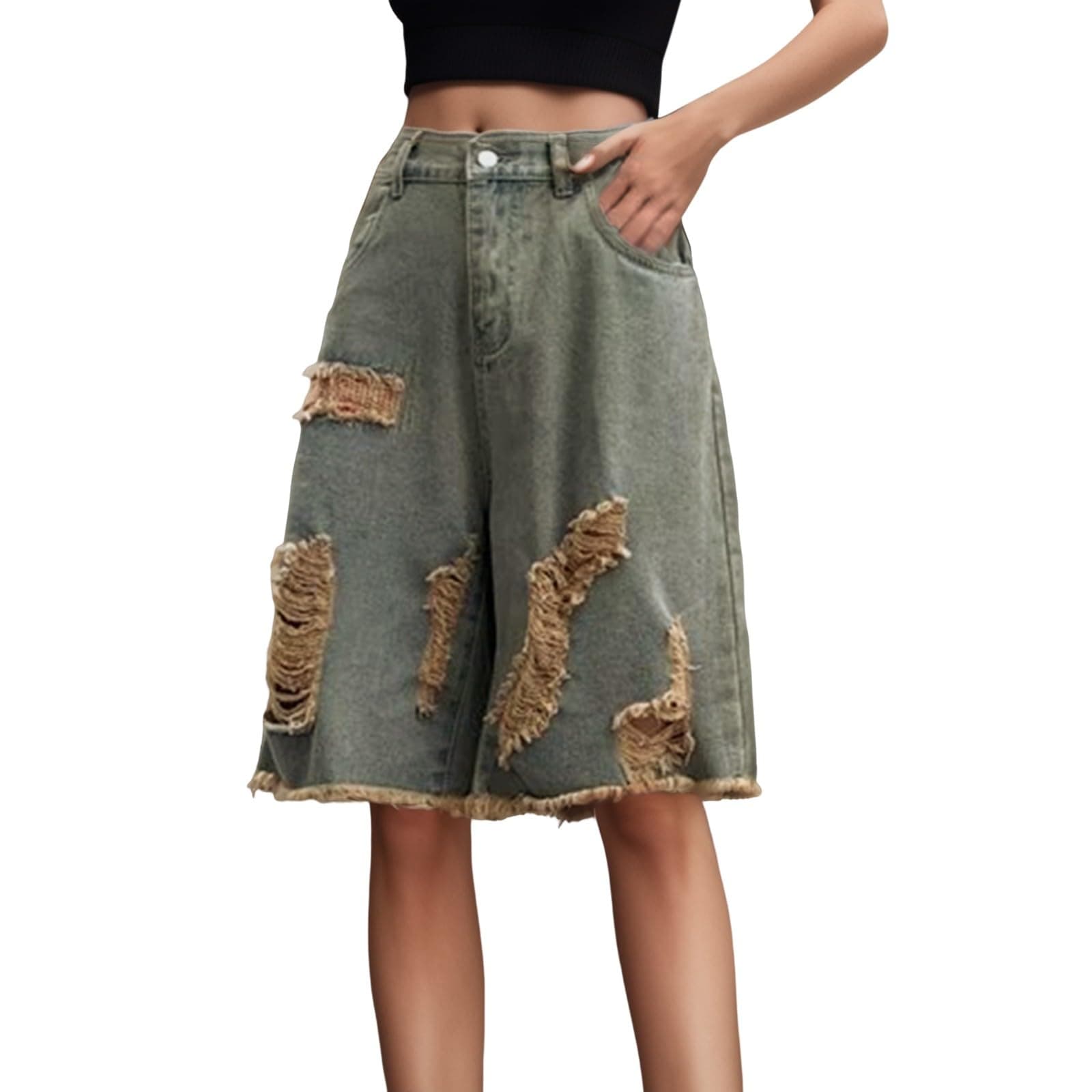 Women's Knee Length Distressed Denim Shorts