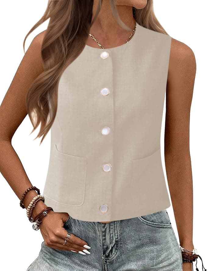 Rapbin Women's Sleeveless Button Down Vest Tops Casual Business Outfits — Apricot