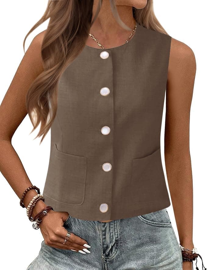 Rapbin Women's Sleeveless Button Down Vest Tops Casual Business Outfits — Light Brown