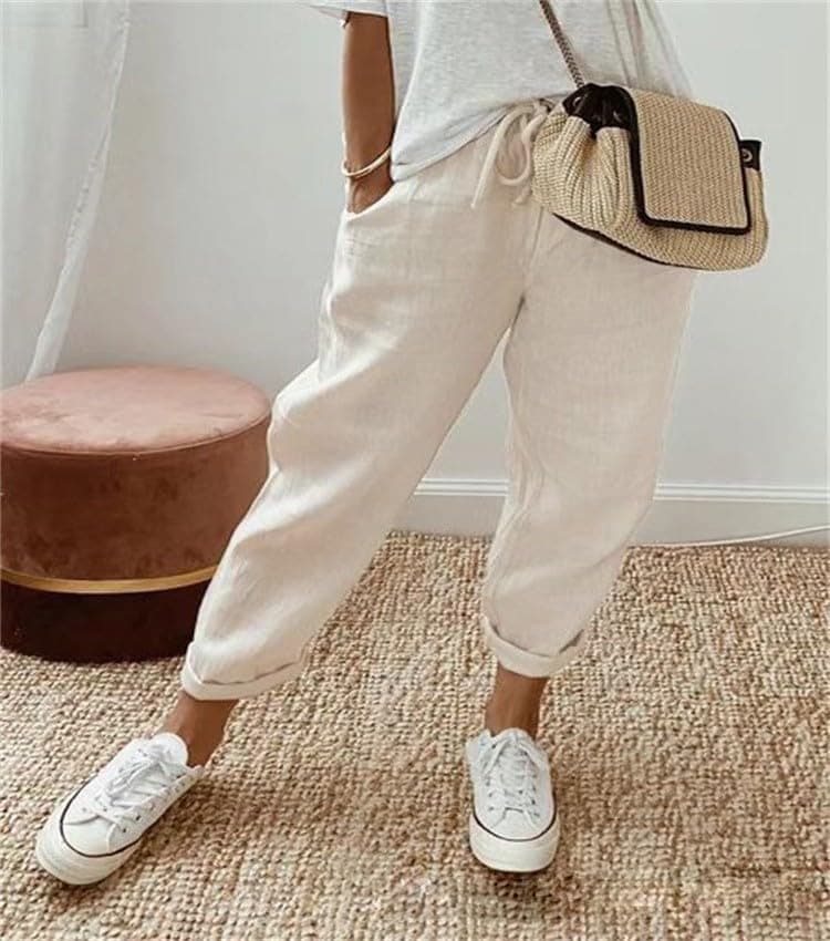 Cotton Linen Bermuda Shorts Elastic Waist Cargo Shorts