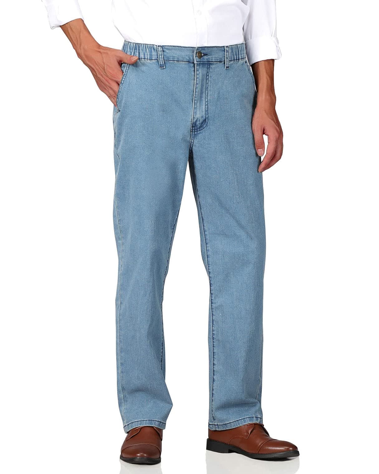 Soojun Men's Relaxed Fit Elastic Waist Jeans with Zipper and Button