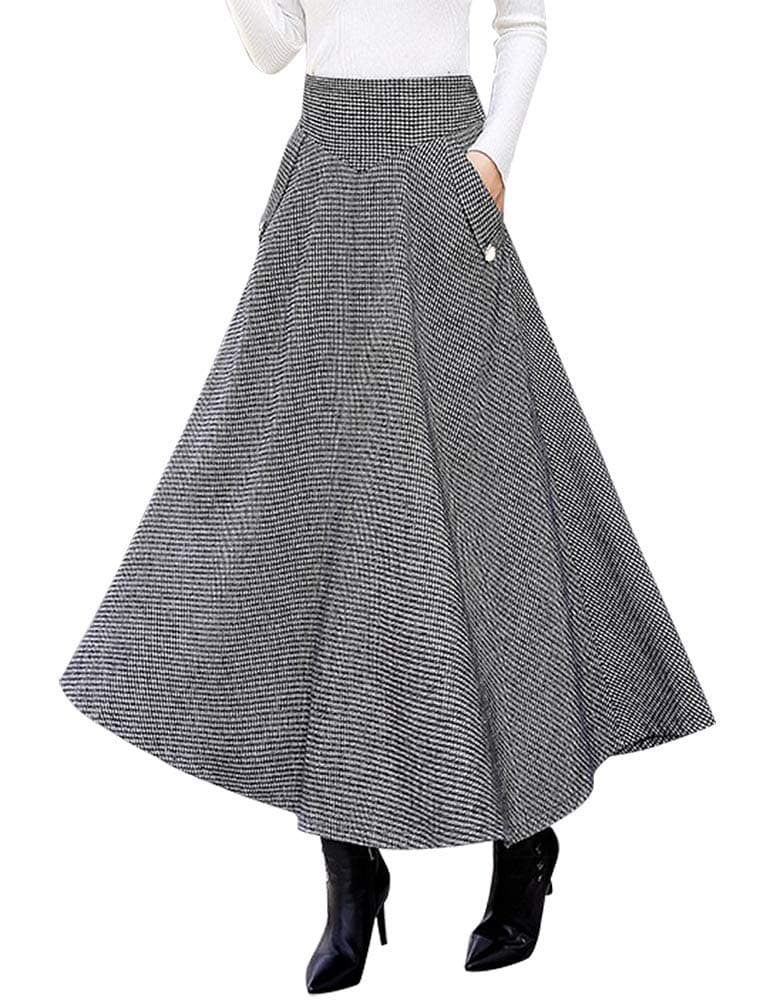 Women's High Waisted Wool Plaid A-line Long Skirt for Fall/Winter