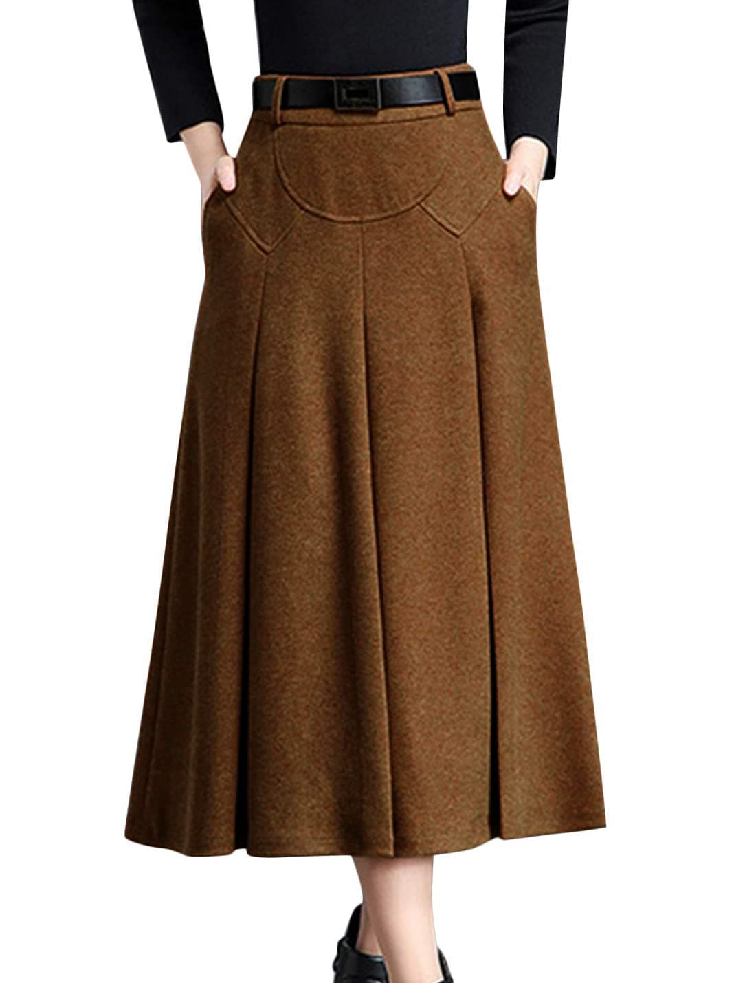 Tanming Women's Winter High Waist Pleated Wool Midi Skirt with Belt Loops