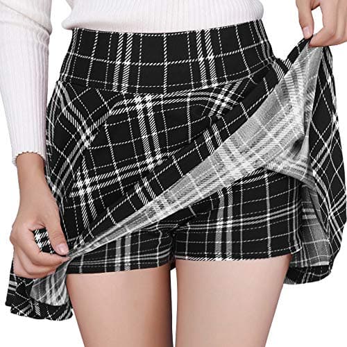 DJT Women's Flared Pleated Mini Skater Skirt with Shorts — Black Plaid