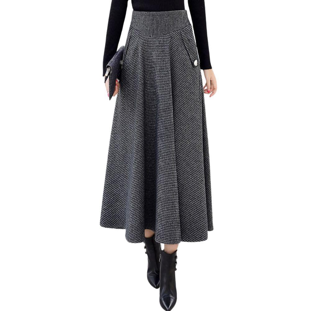 Chouyatou Women's Elegant Houndstooth Midi Wool Skirt with Pockets