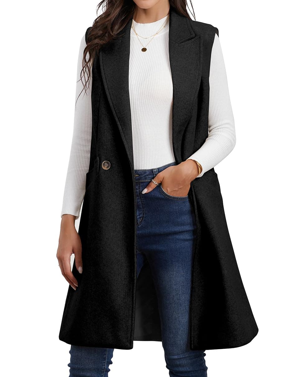 Long Wool Trench Coat for Women - Sleeveless Fall/Winter Jacket